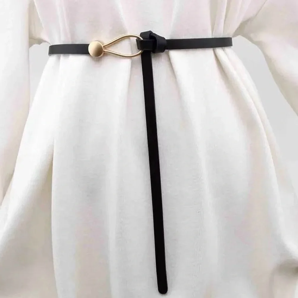 Black Trendy Knotted Skinny Thin Belt For Women Classic Solid Color Faux Leather